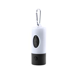 A white and black waste bag dispenser with a carabiner clip and a visible compartment for bags.