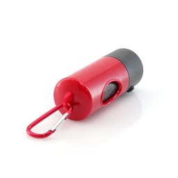 A red and black waste bag dispenser with a carabiner clip for easy attachment. Contains a roll of waste bags inside.
