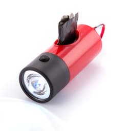 A red and black waste bag dispenser shaped like a flashlight, with a roll of bags partially visible inside.