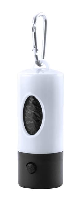 A white and black waste bag dispenser with a carabiner hook, featuring a transparent window for easy access.