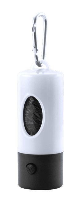 A cylindrical white and black waste bag dispenser with a carabiner clip and a viewing window.