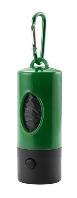 A green and black waste bag dispenser with a carabiner clip, featuring a window showing the waste bags inside.