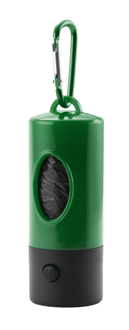 A green and black waste bag dispenser with a carabiner clip, featuring a viewing window for bag visibility.