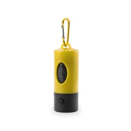A yellow and black waste bag dispenser with a carabiner for easy attachment. It has a circular opening to access bags.