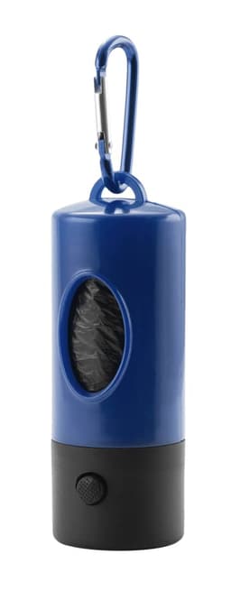 A blue and black waste bag dispenser with a carabiner clip, featuring a transparent window showing the bags inside.