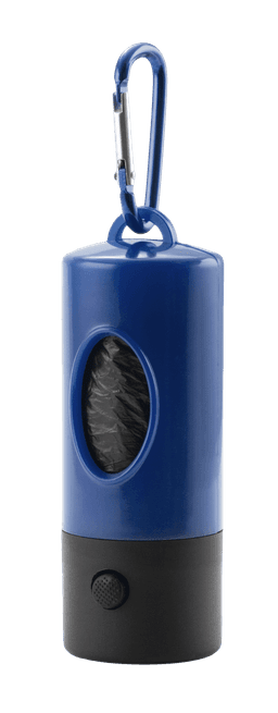 A blue and black waste bag dispenser with a clear window and a metal carabiner for attachment.