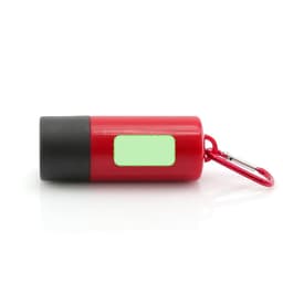 A red waste bag dispenser with a black bottom and a carabiner attached, featuring a blank area for branding.