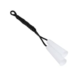 A skipping rope with black braided handles and white plastic ends. It features a looped handle for grip.