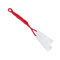 A red skipping rope with white handles, featuring a braided grip for comfort. Ideal for leisure and outdoor activities.