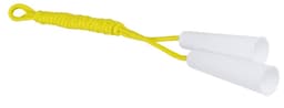 A yellow skipping rope with white handles, featuring a braided grip and a looped end for easy holding.