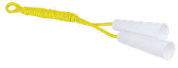 A skipping rope with white handles and bright yellow rope. It features a loop for easy grip.