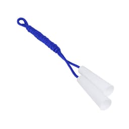 A blue skipping rope with white handles, featuring a braided grip and a looped end for easy handling.