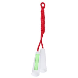 A skipping rope featuring a red handle and white plastic ends, with a logo on the handle.