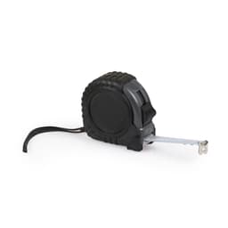 A black tape measure with a metal tape, featuring a sturdy case and a belt clip for easy carrying.