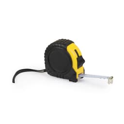 A black and yellow tape measure with a sturdy casing and a metal measuring blade. It features a branding logo.