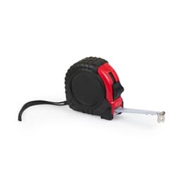 A black and red tape measure with a retractable tape and a metal hook on the end. It has a compact design and a logo.