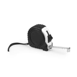 A black and white tape measure with a retractable metal blade and a textured grip. It has a logo on the side.