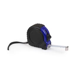 A tape measure with a black and blue casing, featuring a retractable metal measuring tape.