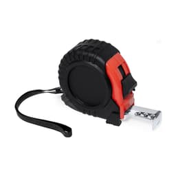 A tape measure with a black and red casing, featuring a metal measuring blade and a wrist strap.