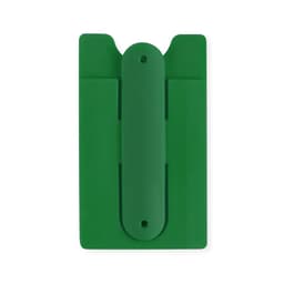 A green phone wallet with a central divider and a smooth finish, featuring a logo on the surface.