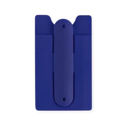 A blue phone wallet with a central holder and two slots on the sides. It features a logo.
