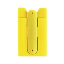 A bright yellow phone wallet with a central grip and two slots for cards. The design features a simple, smooth surface.