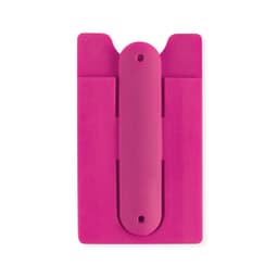 A pink phone wallet with slots for cards, featuring a central grip area, designed with a logo.