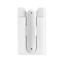 A white phone wallet with a central clip and two side slots for cards. It features a logo.