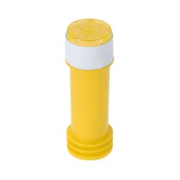 A yellow novelty drink bottle with a white cap and a logo on the side.