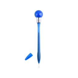A blue pen with a spherical end, featuring a silver trim and a removable cap.