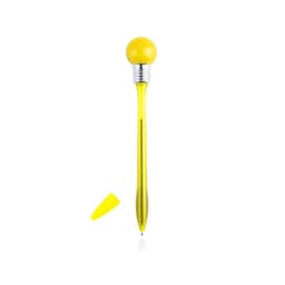 A yellow pen with a round top and a silver grip, featuring a removable cap.