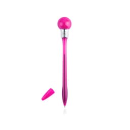 A pink pen featuring a round top and a removable cap, with a shiny silver band and a sleek body.
