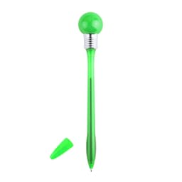 A green pen with a round top and a removable cap. It features a silver band and a sleek design.