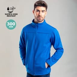 A blue Baidok Jacket with a soft shell design, featuring a branding logo, suitable for water and wind resistance.