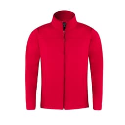 A red soft shell jacket with a zip front and a collar, featuring a logo on the chest.