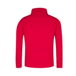 A red soft shell jacket with a high collar and long sleeves, featuring a logo on the back.