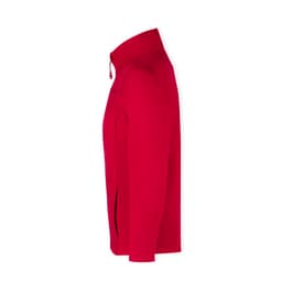 A red soft shell jacket with a high collar and side zip pockets. It features a logo on the front.