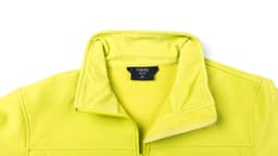 A soft shell jacket in vibrant yellow, featuring a zip collar and a brand logo on the inside.