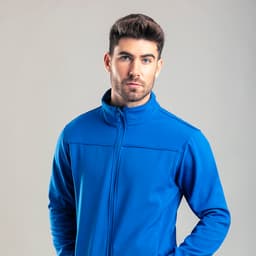 A blue soft shell jacket displayed on a model with a neutral background. The jacket has a logo on it.