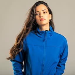 A blue soft shell jacket is worn by a model, featuring a zip closure and a branding logo.
