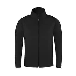 A black soft shell jacket with a high collar and zip front, featuring a subtle logo.