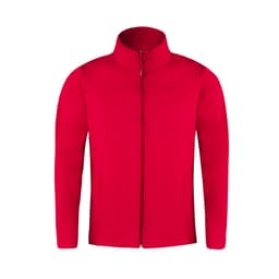 A red soft shell jacket with a high collar and full zip, featuring a logo on the front.