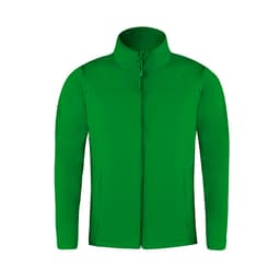 A green soft shell jacket with a high collar and full zip, featuring a logo.