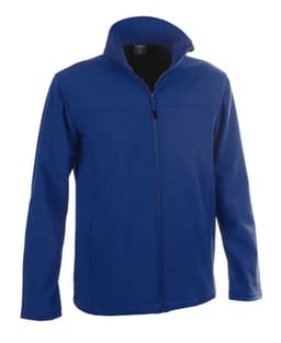 A blue soft shell jacket with a zip front and a high collar. It features a logo on the chest.