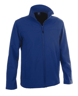 A blue soft shell jacket featuring a full zip and a high collar. The jacket has a branding logo.