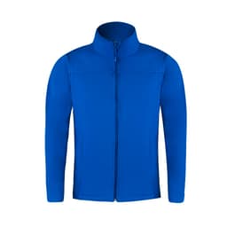 A blue soft shell jacket with a zippered front and a collar. It features a simple design and has a logo.