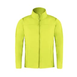 A bright yellow soft shell jacket with a zip front and a collar. It features a logo on the chest.