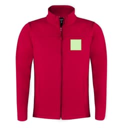 A red soft shell jacket with a zip front and a square area for branding or personalisation.