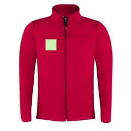A red soft shell jacket with a zippered front and a patch on the left chest area. It features a logo.