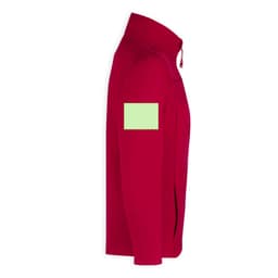 A red soft shell jacket featuring a zip and a patch area on the arm for custom branding.